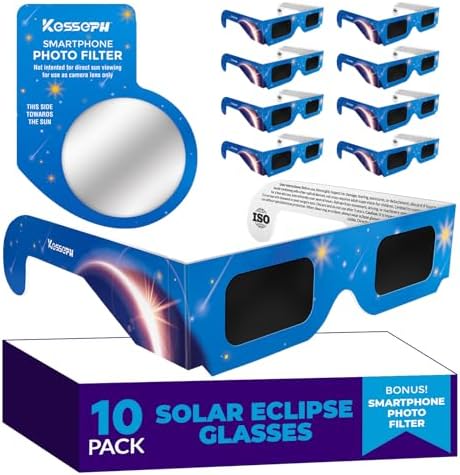 Interesting Solar Eclipse Glasses Approved 2024, (10 Pack) CE and ISO Certified Solar Eclipse Observation Glasses, Safe Shades for Direct Sun Viewing, Bonus Smartphone Photo Filter Lens, Blue Stars Design on Amazon US